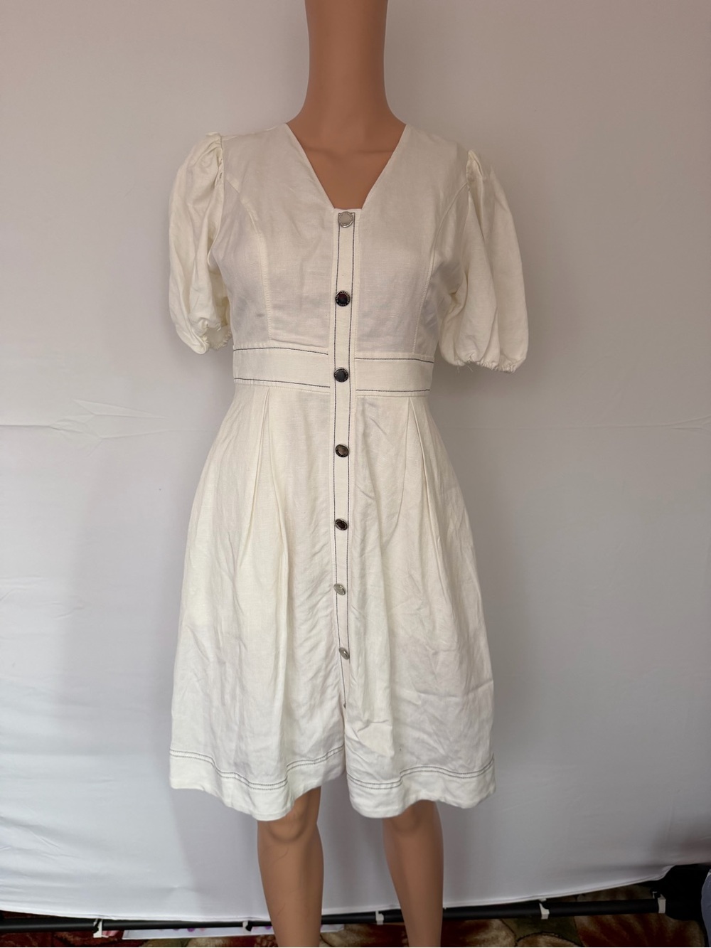 Karl Lagerfeld Cream Button-Front Midi Dress with Puff Sleeves